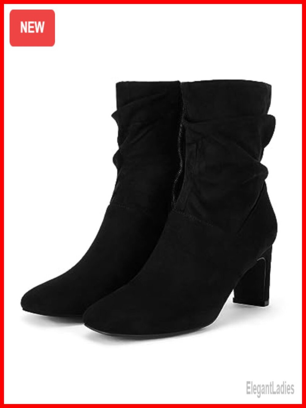 Coutgo Women's Faux Suede Slouch Mid Calf Chunky Heel Square Toe Zip Boots
